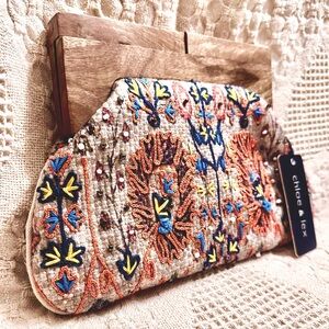 Bohemian Chic Chloe & Lex Clutch Woven & Beaded Wooden Handle Brand New w Tags